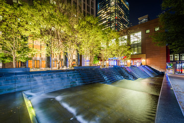 Fountains and modern buildings at night, in Uptown Charlotte, No