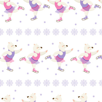 Vector seamless pattern with cute polar bears. Beautiful dancer on skates, perfect for prints and patterns.
