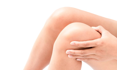 Fototapeta premium Closeup woman hand hold knee with pain symptom, health care and