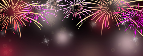 New year banner background with colorful pink and purple fireworks - obrazy, fototapety, plakaty