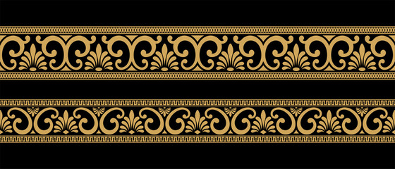 Set of seamless vintage Greek ornament. Golden pattern on a black background.