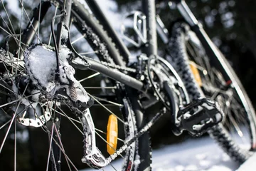 Fotobehang Riding a bicycle in Winter over snow © milanares