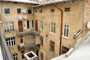Old buildings and snow-covered roofs of the downtown in Lviv, Ukraine.