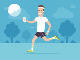 Happy man jogging outside and listening music on his smartphone vector illustration in flat style - obrazy, fototapety, plakaty