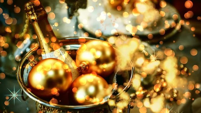 Christmas seamless looping with magic lights. Christmas background with bottle of champagne and festive decorations in golden tone. 4k, Ultra High Definition, Ultra HD, UHD, 2160P, 3840 x 2160