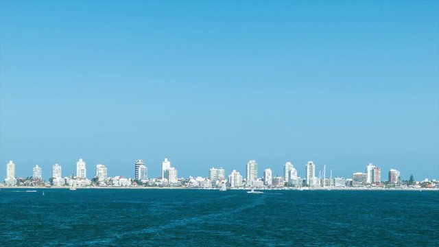 Wide Shot South American Oceanfront Resort City of Punta del Este Uruguay with Visiting Cruise Ship