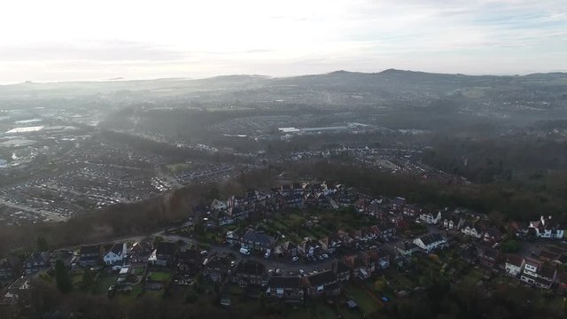 Aerial view of Haden Hill and the Clent Hills on a misty morning.