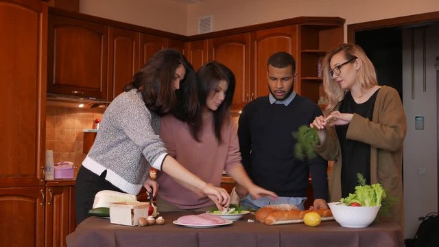 Group of multi ethnic young friends in kitchen prepare for party