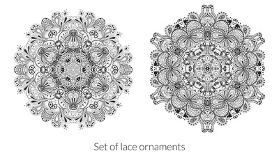 Set of lace ornaments for your design on a white background. Vector round patterns with many details. Black and white collection.
