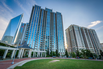 Modern buildings seen at Romare Bearden Park, in Uptown Charlott