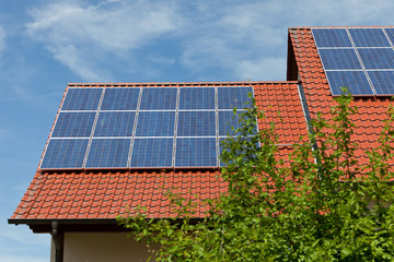 solar cell system on the roof of a living house in the sun