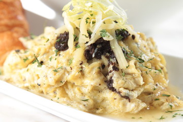 chicken steak scrambled egg and bread