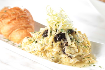 chicken steak scrambled egg and bread