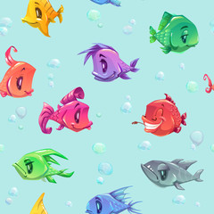 Funny seamless pattern with comic fishes