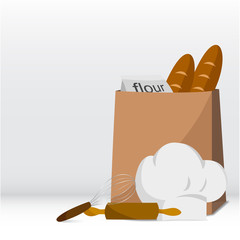 Chef's hat with rolling pin and Whisk, bread and flour in bag ingredient of bakery