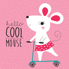 cartoon cute mouse riding a scooter vector illustration