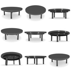 Black Round Table Set. 3D render isolated on white. Platform or Stand Illustration. Template for Object Presentation.