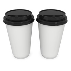Disposable coffee cups. Blank paper mug with plastic cap. 3d render isolated on white background