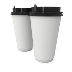 Disposable coffee cups. Blank paper mug with plastic cap. 3d render isolated on white background