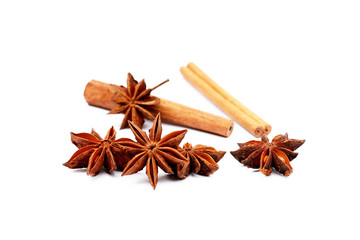 Fragrant anise and cinnamon isolated on white background