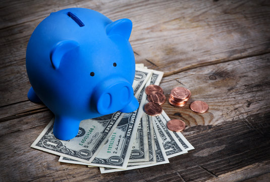 Piggy bank and us dollar notes and cents