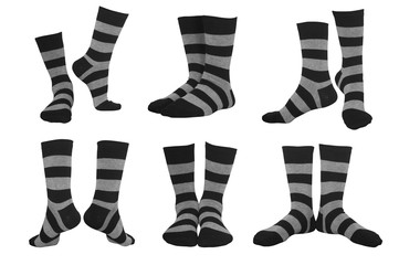 set of striped socks in different poses isolated on white