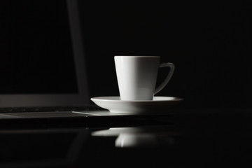 Cup of hot espresso coffee on wood table, espresso brew from ara