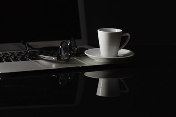 Cup of hot espresso coffee on wood table, espresso brew from ara