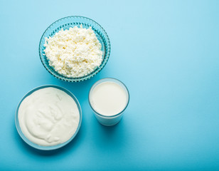 Dairy products on the blue background.