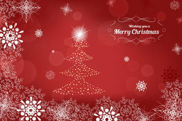 Vector Merry Christmas abstract red background with christmas tree in the center and snowflakes.