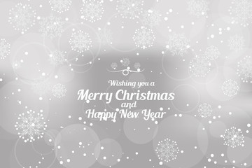 Vector Wishing you a Merry Christmas and Happy New Year abstract light gray background with radiance and snowflakes.