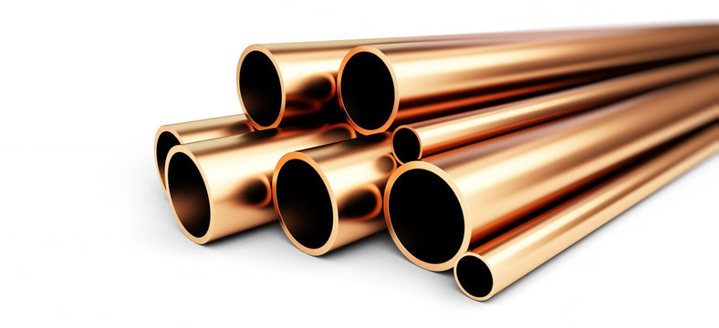 copper metal pipe on white background. 3d Illustrations
