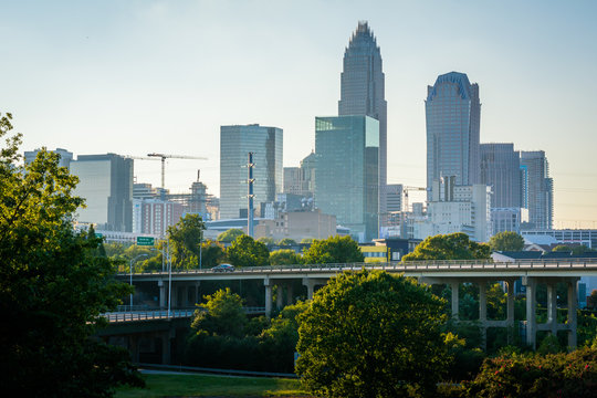 View of highways and the Uptown Charlotte skyline, in Charlotte,