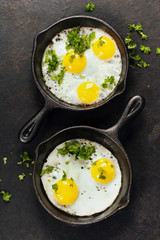 Pans with fried eggs and herbs