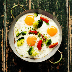 Pan of fried eggs, broccoli and cherry-tomatoes, top view