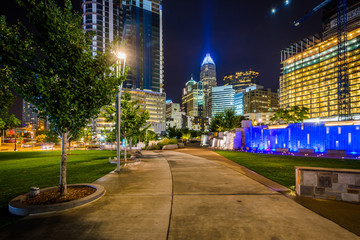 Walkway and modern buildings at night, seen at Romare Bearden Pa