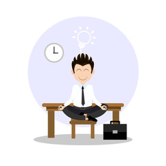 Businessman thinking during meditation, cartoon flat background