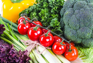 Vegetables on wood. Bio Healthy food, herbs and spices.