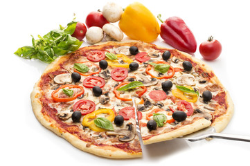Pizza with ham, pepper and olives