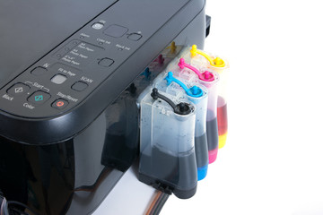 Setting up modified ink tank for inkjet printer.Printer color in