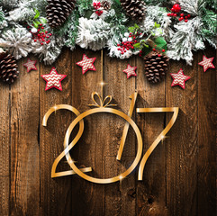 2017 New Year  Frame with green pine, colorful baubles and stars