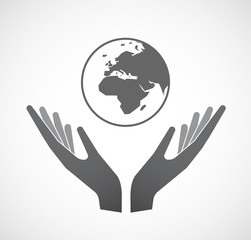 Isolated hands offering   an Asia, Africa and Europe regions wor