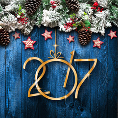 2017 New Year  Frame with green pine, colorful baubles and stars