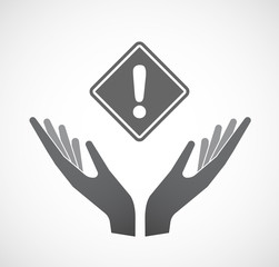 Isolated hands offering   a warning road sign