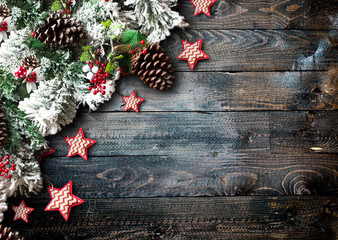 Merry Christmas Frame with green pine, colorful baubles and stars