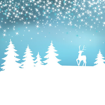 Christmas background. Winter landscape with deer. White fairy forest.