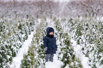 Baby boy in warm snowsuit walking in the winter park with a white snow.