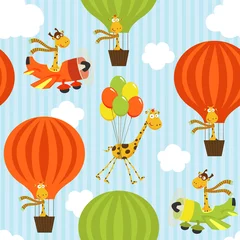 Foto op Plexiglas Dieren met ballon naadloos patroon met giraf op luchtvervoer - vectorillustratie, eps