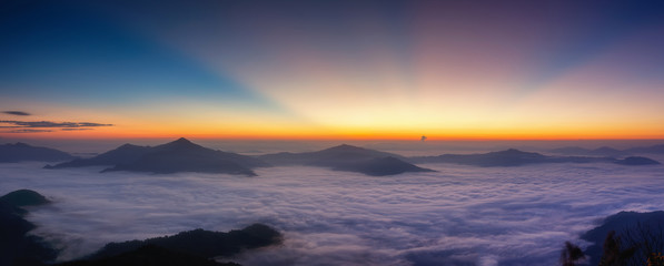 Landscape with the mist at Pha Tung mountain in sunrise time, Chiang Rai, Thailand.