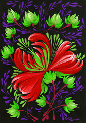 isolated decorative bright painted flowers gouache paints